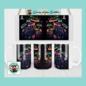 Ceramic Coffee Mug Colorful Neon Mushrooms Magic 15oz Hand Sublimated